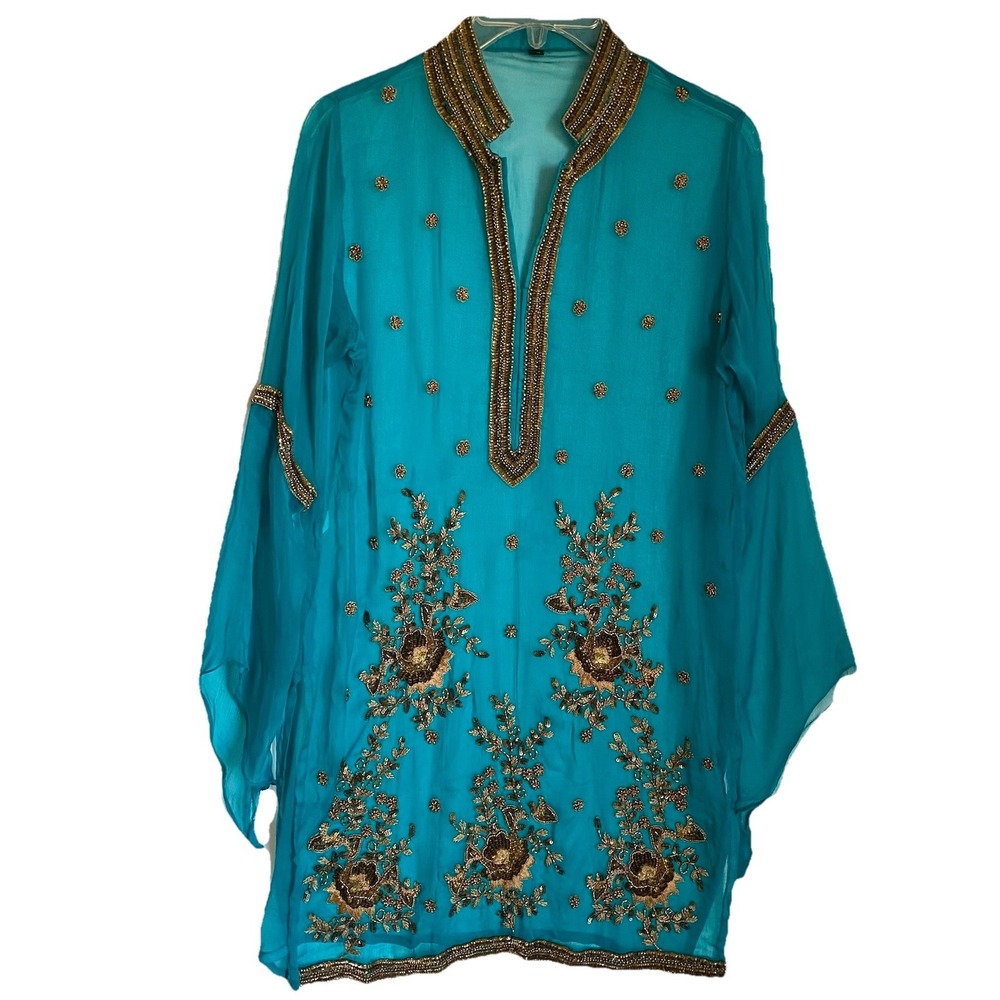 Tunic Cover Up Top Size M Turquoise Gold Sheer Hand Embroidered Festival Artsy